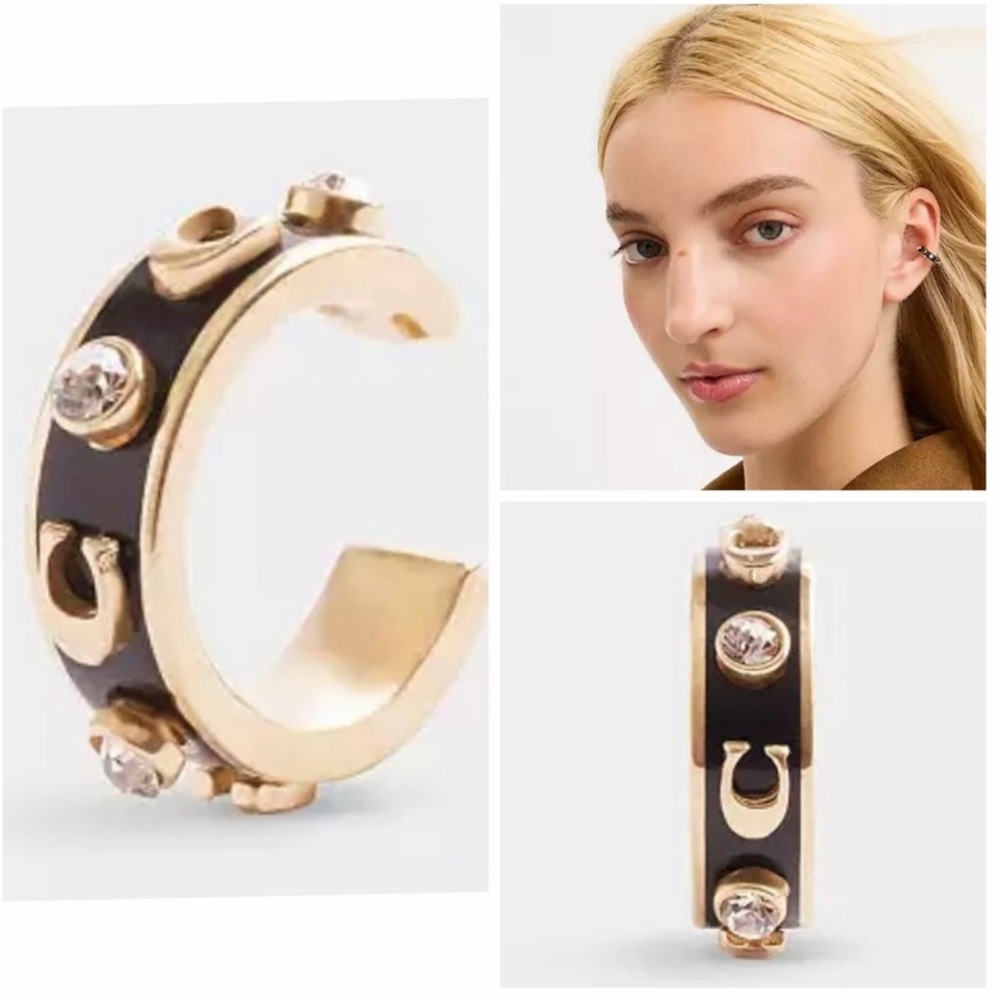 Coach Signature Enamel Stone Ear Cuff Black/Gold, NWT
